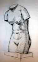 A charcoal drawing of a statue