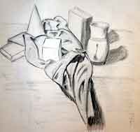 A charcoal sketch of some still life objects